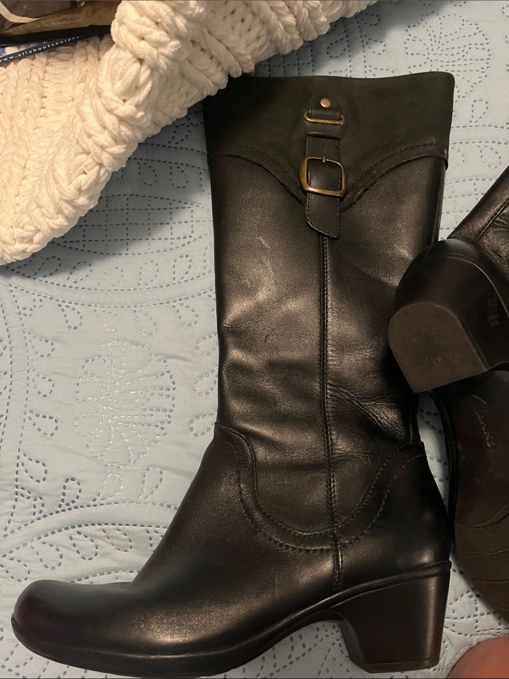 Clarks Black Leather Mid-Calf Heeled Boots with Buckle Accent